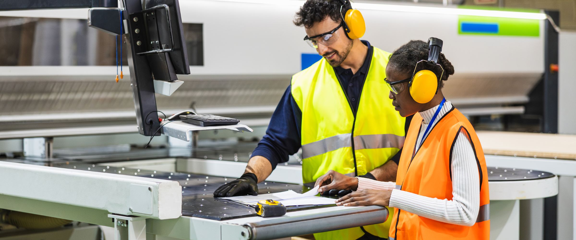 Two machine operators reviewing a job sheet at a CNC panel saw