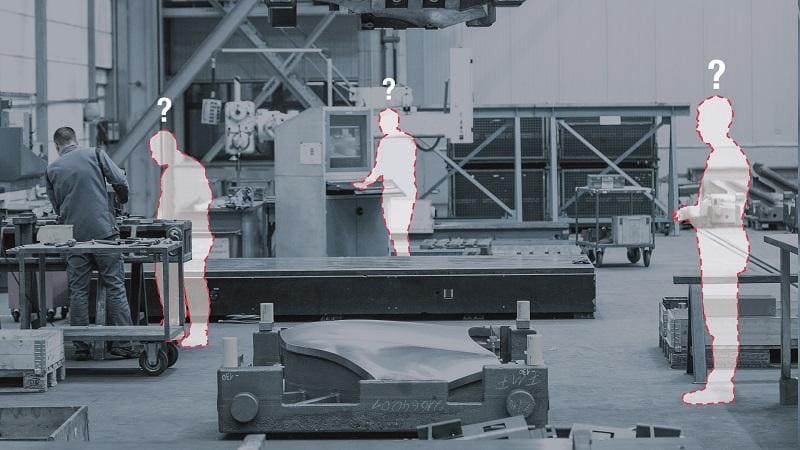 Ghosted outlines of unfilled worker positions overlaid on a manufacturing floor