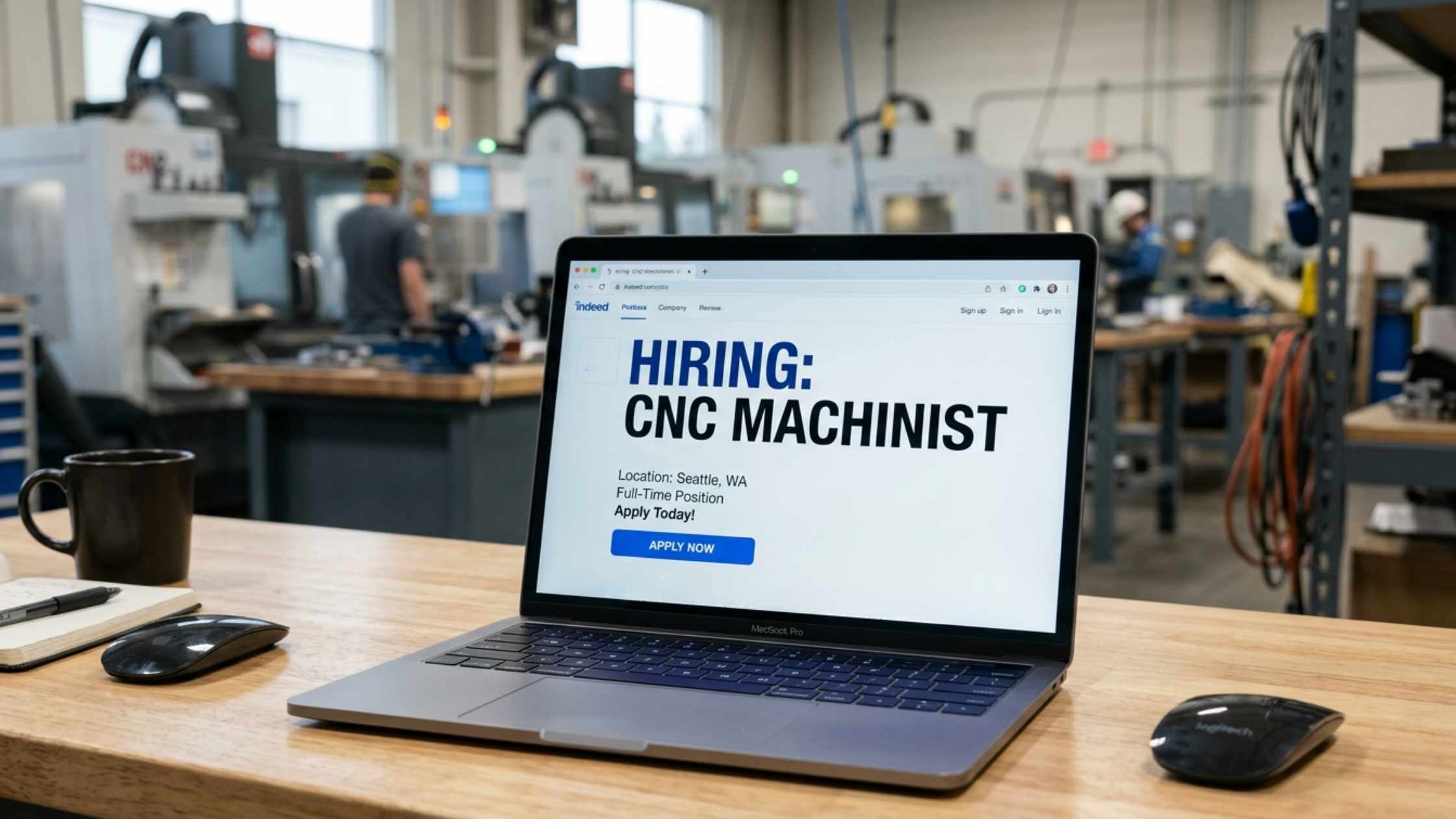 Hiring: CNC Machinist job posting on a laptop screen in a machine shop