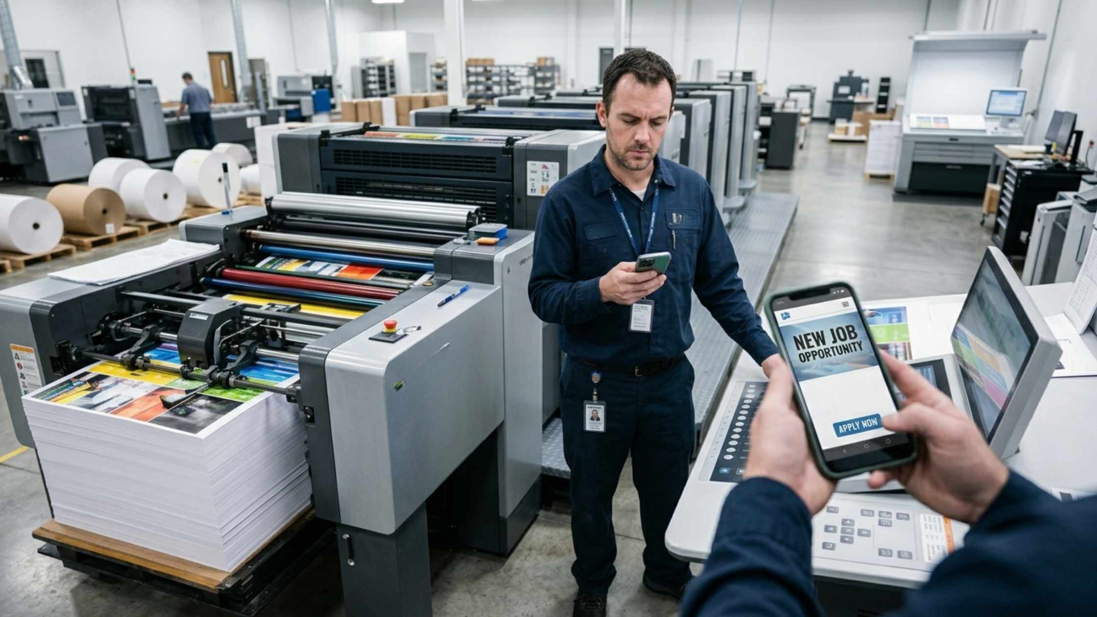 Press operator checking a phone next to a running printing press while a colleague views a new job opportunity on a phone